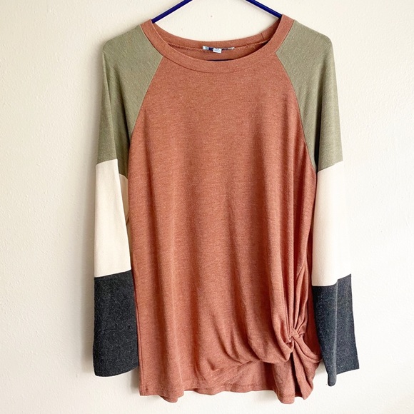 She + Sky Orange Color Block Knot Front Long Sleeve Top Women’s Size Medium - Picture 1 of 7